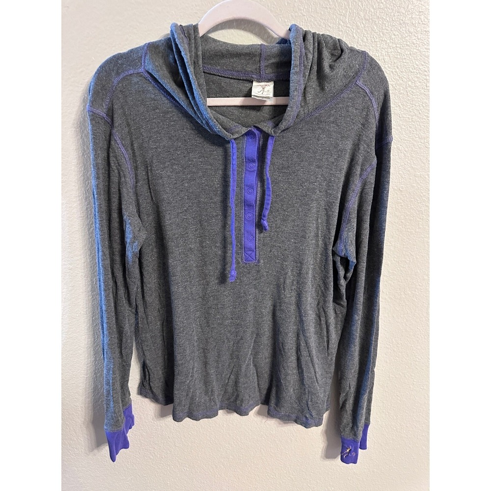 Munki Munki Hoodie Henley Top Long Sleeve Purple Trim Gray XL